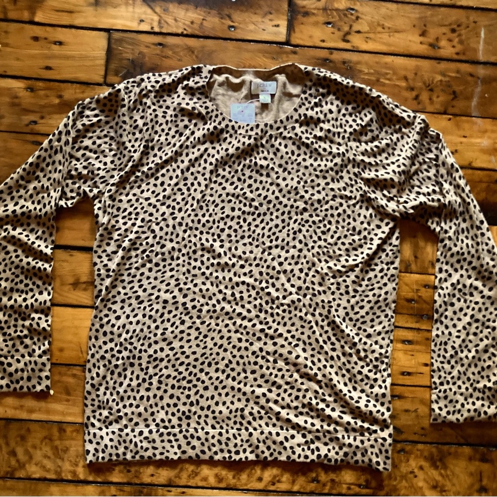 NWT  J Crew Spotted Leopard Tan/Black 100% Cotton Knit Sweater Lightweight Sz L